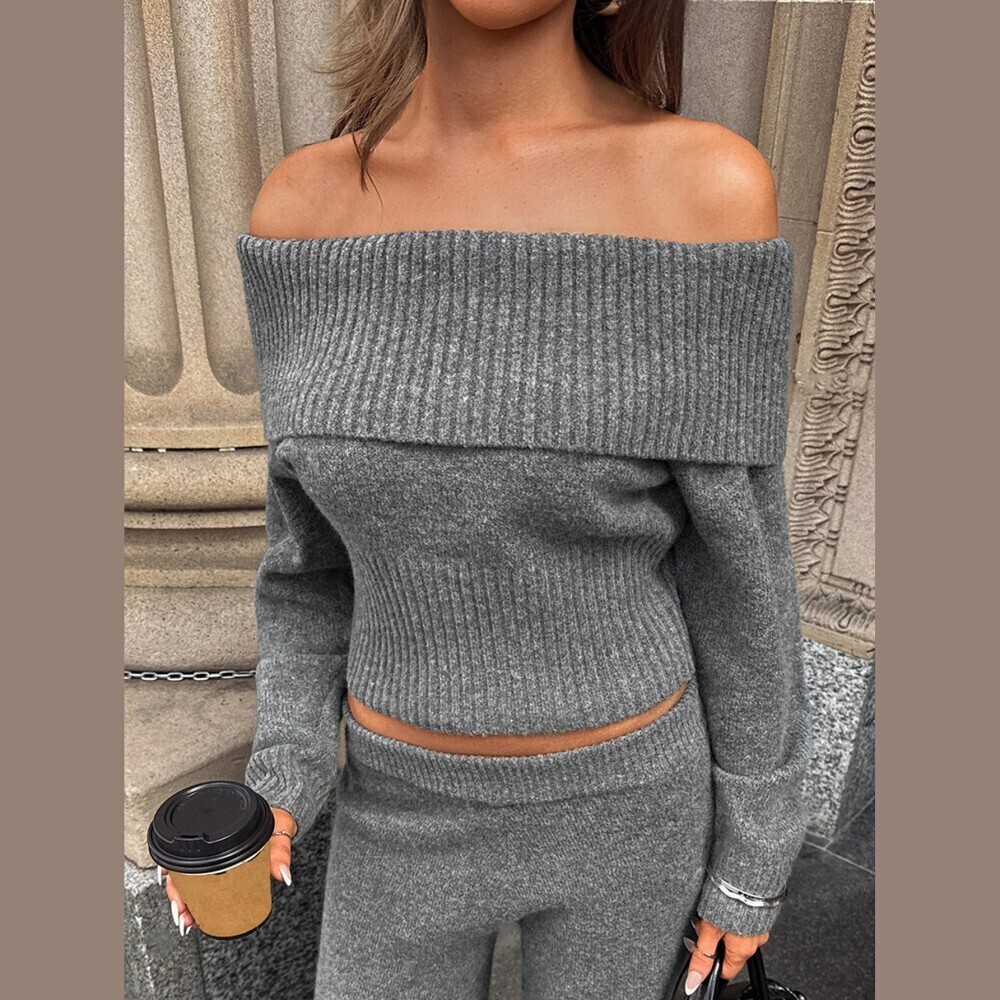 Gray Ribbed Knit Off the Shoulder Foldover Long Sleeve Slim Fit Crop Sweater